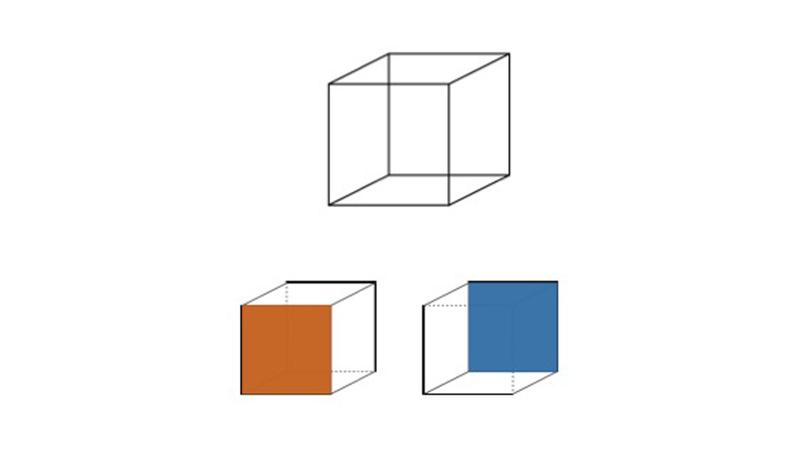 The orientation of the Necker cube can be perceived as pointing to the right or to the left.