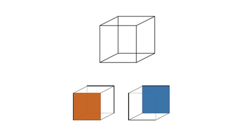 Die Ausrichtung des Necker-Würfels kann als nach rechts oder links weisend wahrgenommen werden.