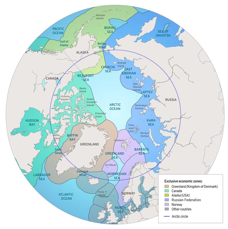 Ausschließliche Wirtschaftszonen der Anrainerstaaten in der Arktis. IASS-Visualisierung basierend auf Flanders Marine Institute und GRID-Arendal.