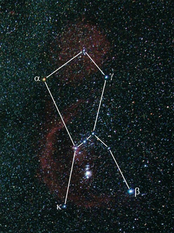 Das Sternbild Orion, Beteigeuze ist mit Alpha markiert.