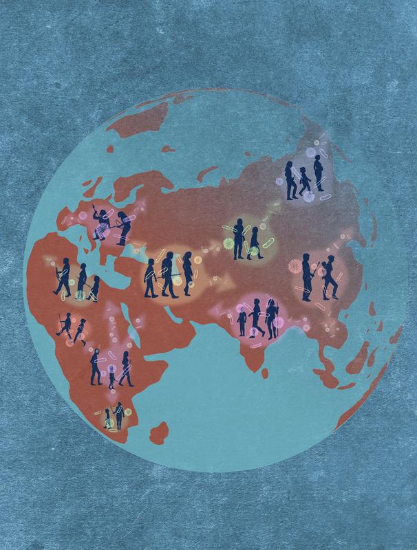 "Migration". Microbes spread over the globe with their human hosts.