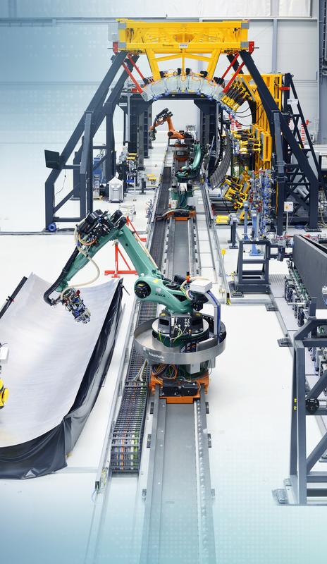 Large-scale structure assembly on a 1:1 scale in the 4500 m2 research hall with a height of 15 m at Fraunhofer IFAM in Stade, Germany