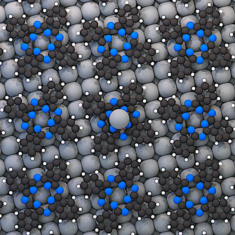 The model shows the molecular arrangement on a lead substrate. 