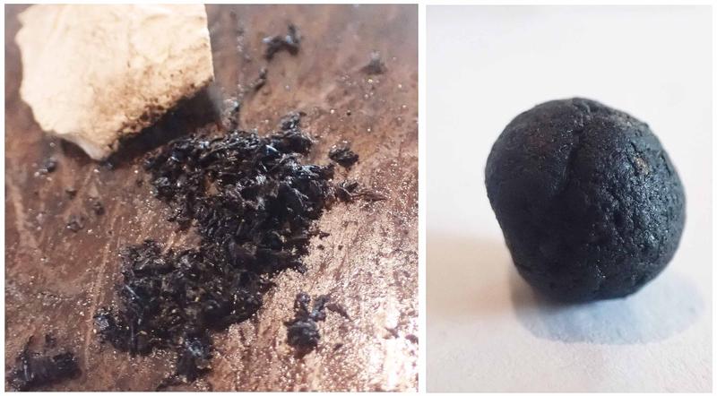 After tar has been extracted from Podocarpus leaves by the condensation method, it can be scraped from the surface of the stone with a stone tool (left). The finished product is a lump of tar (right).