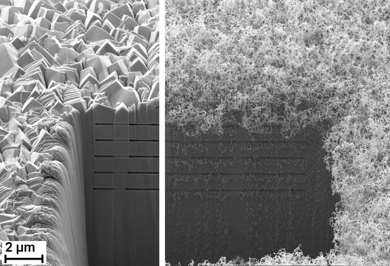 Rasterelektronenaufnahme einer unbehandelten, mit Wolfram beschichteten JET-Probe (links) und die Fuzz-artige Oberflächenstruktur (rechts) nach der Exposition in einem Helium-Plasma in der Jülicher linearen Plasmaanlage PSI-2. 