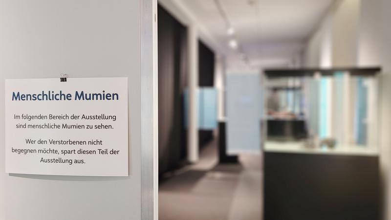 Bereich der Mumienausstellung mit Hinweisschildern auf menschliche Überreste © Landesmuseum Natur und Mensch Oldenburg