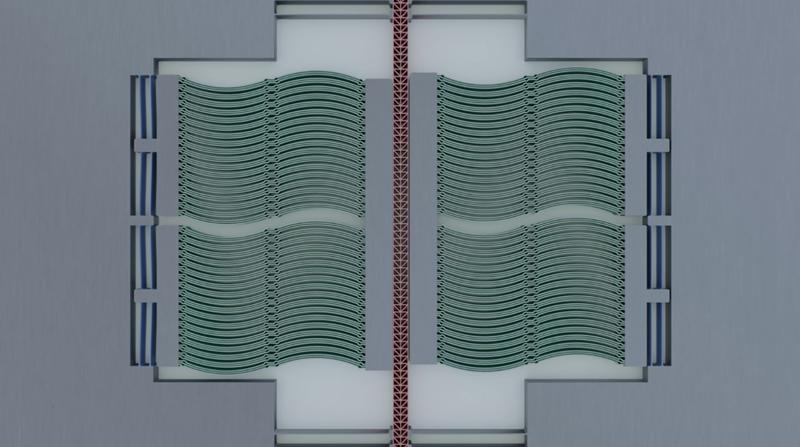 Basic concept NED-Inchworm motor: blocks of actuators on both sides of a feed element, can push it up or down in the plane. Clamping here occurs electrostatically.