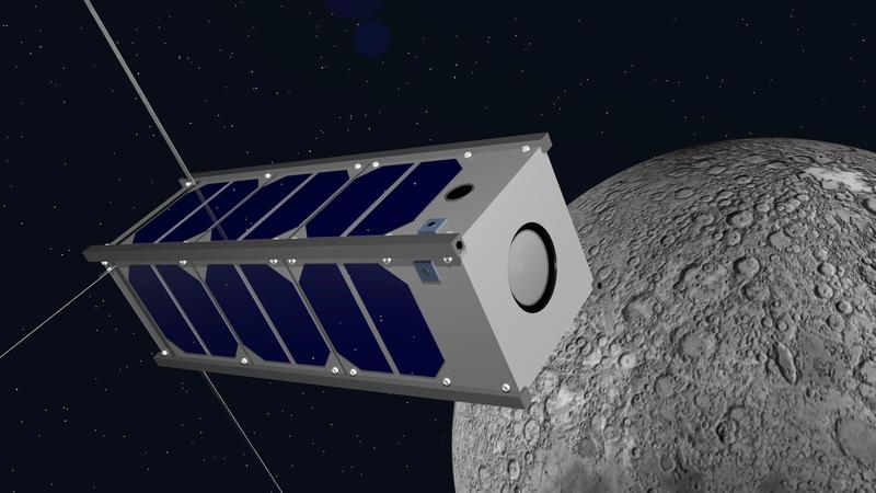 Visualisierung eines Kleinsatelliten bei einem extraterrestrischen Einsatz im Umfeld des Mondes.