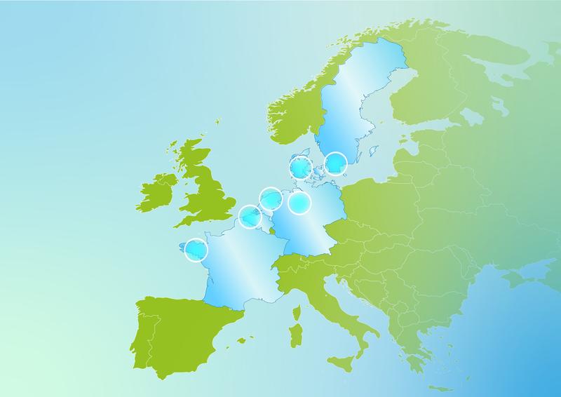Projektgebiete in sechs Ländern: Deutschland, Dänemark, Belgien, Frankreich, Niederlande, Schweden.