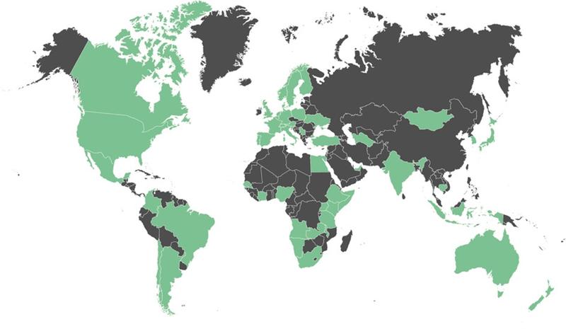 Aus den grün eingefärbten Ländern haben sich Teilnehmende zum Global Summit of Research Museums angemeldet.