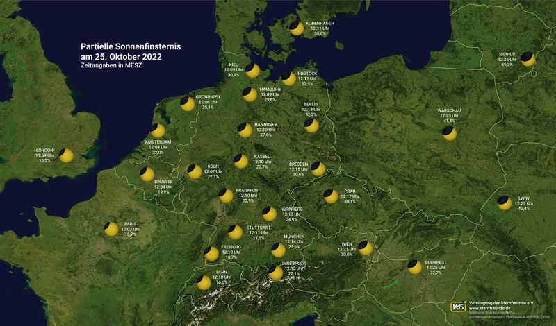 Maximaler Bedeckungsgrad der partiellen Sonnenfinsternis vom 25. Oktober 2022 für verschiedene Orte in Mitteleuropa