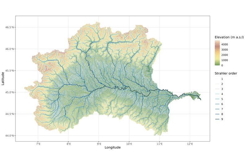 Die Flussabschnitte des neuen Hydrography90m-Datensatzes im Po-Flusseinzugsgebiet in Italien: Je dunkler ein Flussabschnitt ist, desto höher ist die Ordnung des Flusses. Die Hintergrundkarte zeigt die Höhenlage des Einzugsgebietes an.