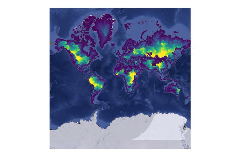 This visualization shows the distance from each river segment to the outlet of the river. Brighter colours indicate a higher distance to the outlet.