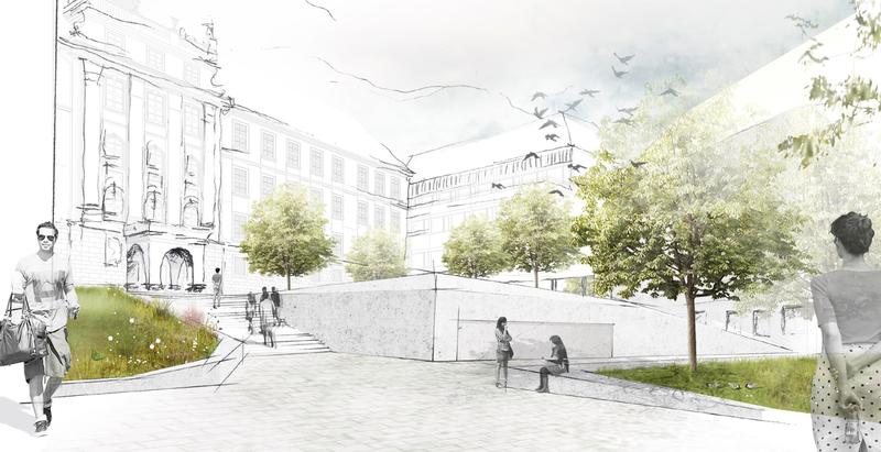 Innenhofperspektive mit Blick zum Rudolf-Virchow-Zentrum und dem Institut für Molekulare Infektionsbiologie (D15) und dem Gebäude D16. 