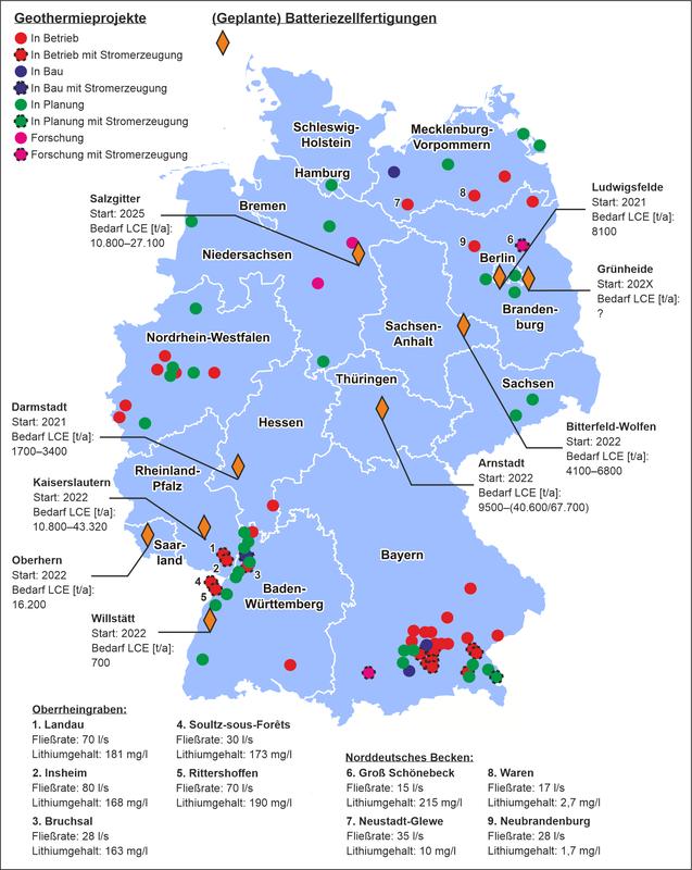 Geothermiestandorte mit Lithiumgehalten und Fließraten sowie die geplante Batteriezellfertigungen in Deutschland.