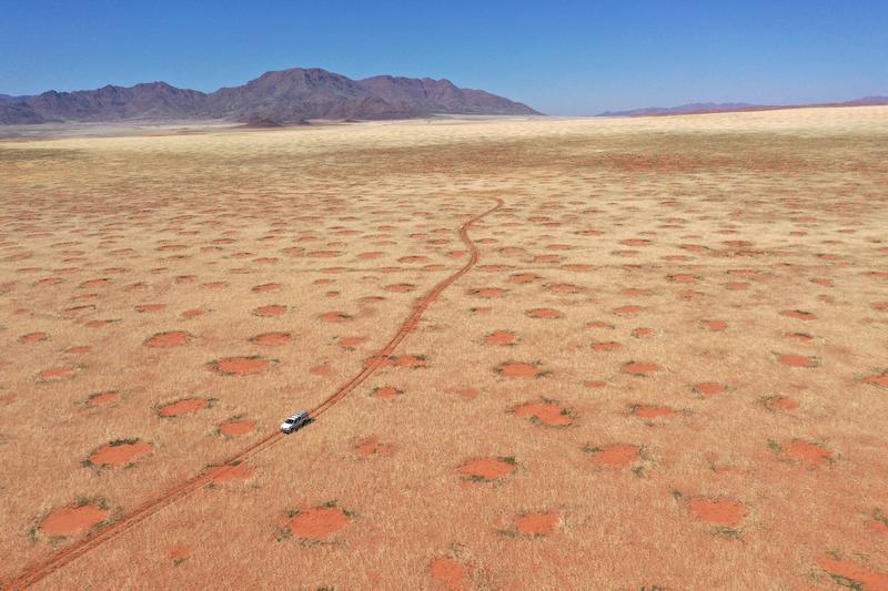 Drohnenaufnahme eines Autos im NamibRand-Naturreservat, eine der Feenkreisregionen in Namibia, wo die Forscher Gräser, Bodenfeuchte und Infiltration untersuchten (April 2022).