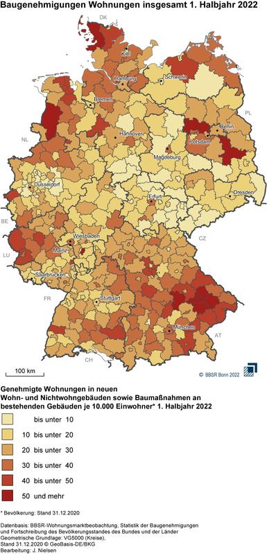 Genehmigte Wohnungen je 10.000 Einwohner im 1. Halbjahr 2022