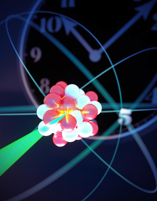 Illustration of the laser interrogation of a highly charged ion clock (artwork)