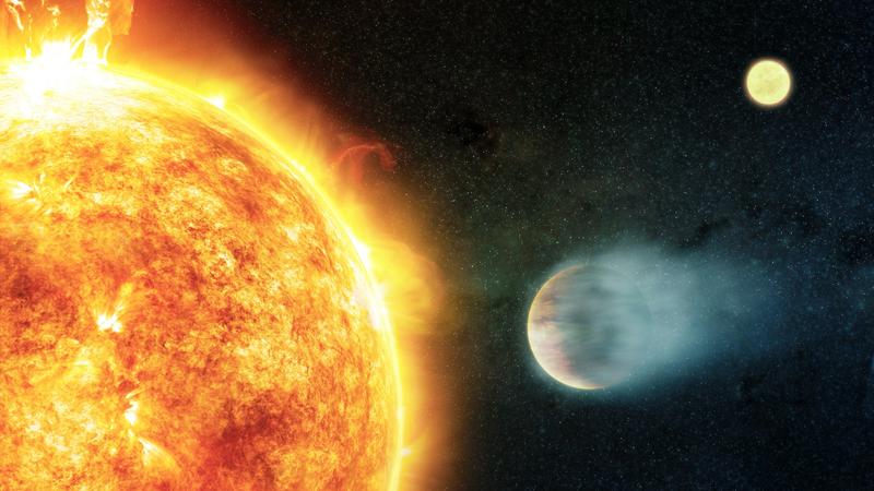 Illustration of a hot Jupiter orbiting its host star. In the background, the second star of the binary system is visible.