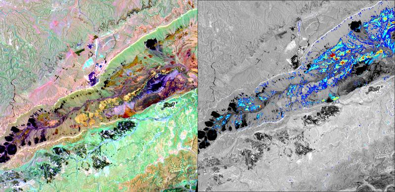 EnMAP-Bild von Makhtesh Ramon, Israel, 8. Juli 2022. Links: Abb. 2 - Eine breite Palette von Gesteinen & Mineralien, z. B. Kalkstein (hellgrün) & Intrusionen & vulkanisches Gestein (schwarz). Rechts: Abb. 3 - Kartierung des Kaolinit-Vorkommens dort.