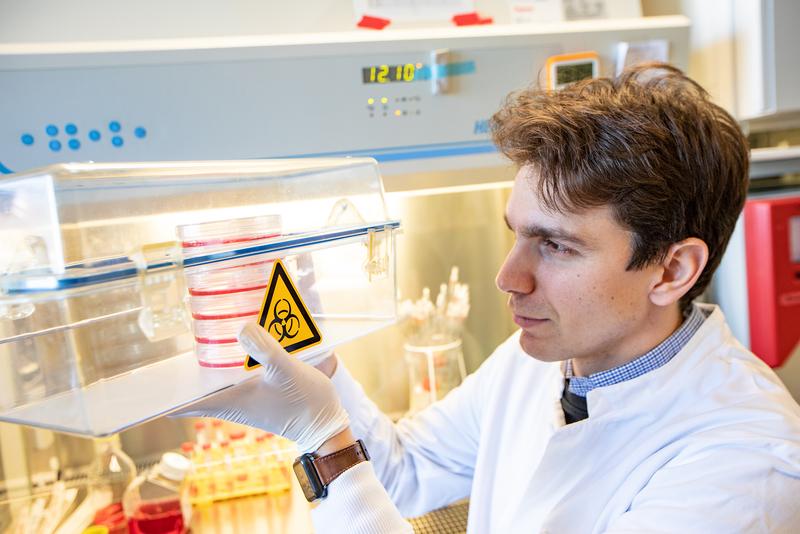 The young scientist Philippe Vollmer Barbosa with cell cultures for the production of the virus vectors that are to bring the drug into the lung cells as a gene taxi. 