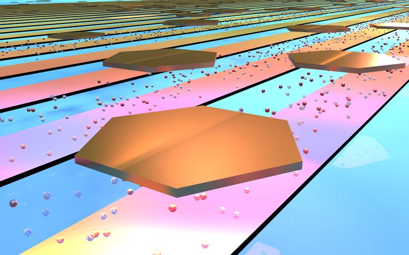 Goldene Nanoteilchen (hexagonal) sind durch Casimirkräfte an Metallstreifen (farblich dargestellt) gebunden. Durch das Eintauchen in eine binäre Mischung, die bei höherer Temperatur entmischt (rote, blaue Blasen), können sie vom Substrat entbunden werden.