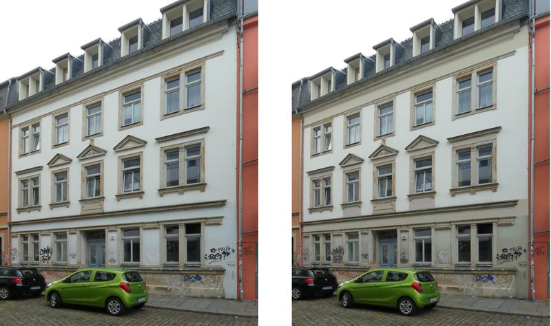 Beispiel für eine einfache Farbkorrektur am Haus Bischofsweg 40 in der Dresdener Neustadt, simuliert am Computer: Sockelzone, Brüstungsfelder und Zwischenräume der Fensterrahmungen und des Dachgebälks wurden eingefärbt (rechts).