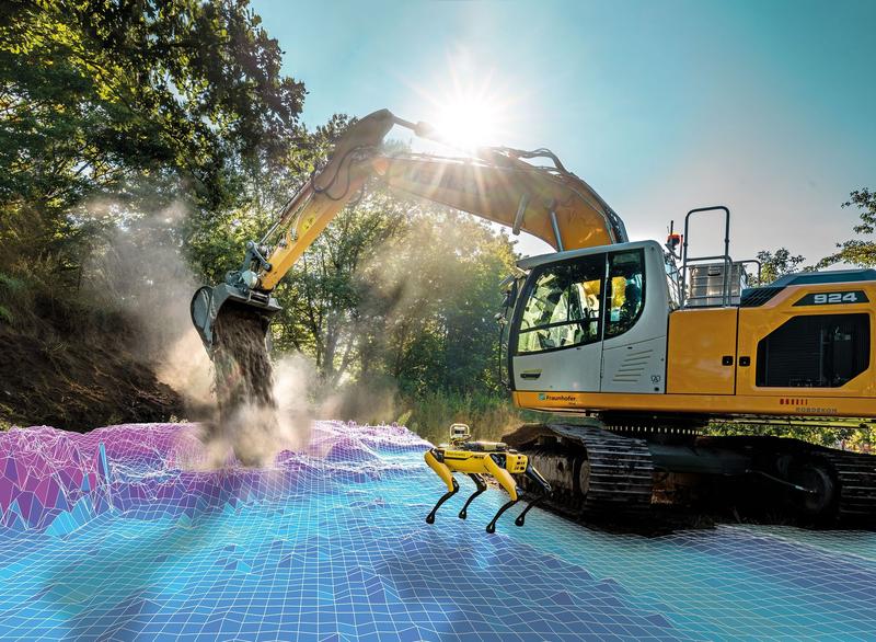 Autonomous excavator in action. In the foreground, the optionally deployable robot dog Spot. A visualization of the environment model detected by the excavator’s sensors is displyed ontop of the terrain’s surface.
