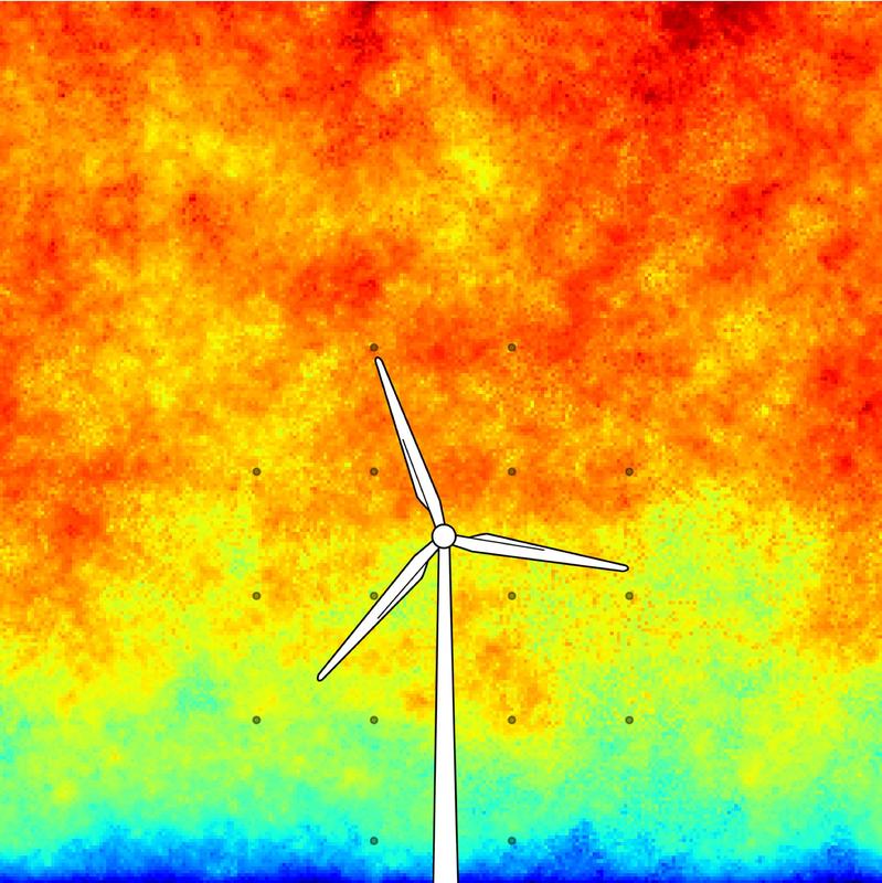 Using the data from 16 anemometers (indicated as grey dots) the team reconstructed a complete, three-dimensional wind field with the help of the new model. Here, a section can be seen. Blue and green hues represent low, yellow and red high wind speeds.