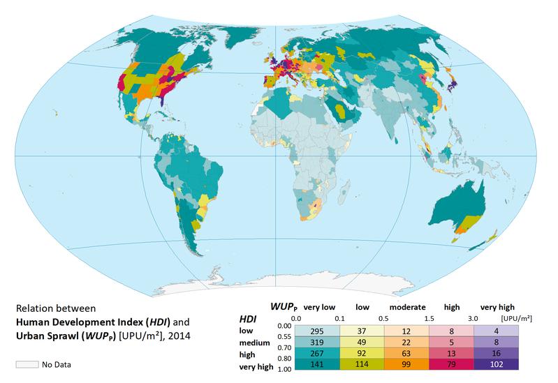 The relationship between classes of human development (HDI) and classes of urban sprawl (WUPp) at the level of subnational units.