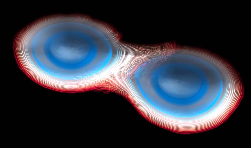Simulation zweier verschmelzender Neutronensterne, beide mit ca. 1,35 Sonnenmassen. Von Rot nach Blau sind zunehmende Dichten veranschaulicht.