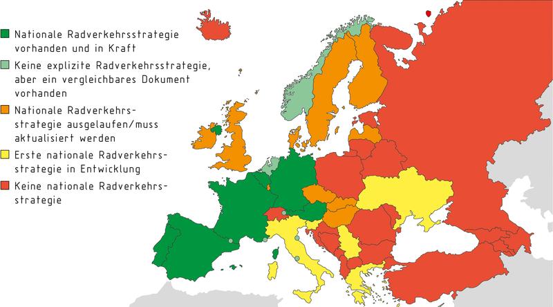 Übersicht nationaler Radfahrstrategien Datenquelle: EFC 2021: https://www.ecf.com/policy-areas/cycling-all-policies/national-cycling-policies