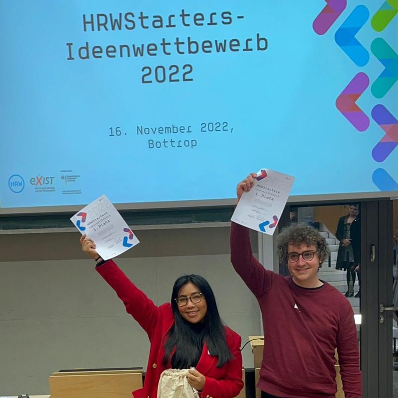 Shanel Chien und Julius Müller teilen sich den 1. Platz des HRWStarters Ideenwettbewerbs 2022. 