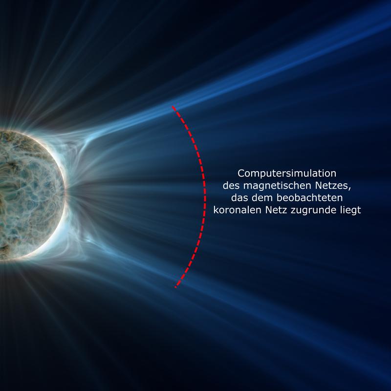 Computersimulation der Magnetfeldarchitektur in der mittleren Korona am 17. August 2018.