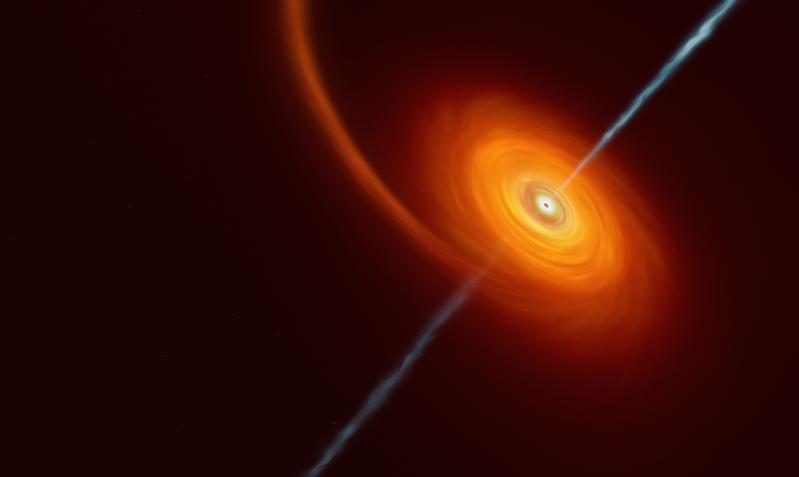 Künstlerische Darstellung eines schwarzen Lochs, das einen Stern verschluckt