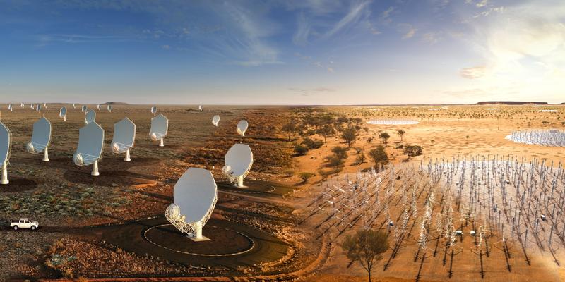 Künstlerische Darstellung der SKA-Antennen für niedrige Frequenzen (rechts) und für mittlere Frequenzen (links).