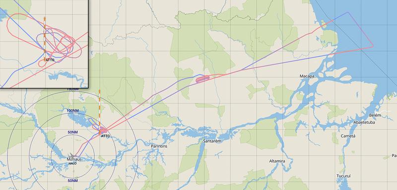 Successful first CAFE Brazil measurement flight: HALO flew from Manaus over the Amazon rainforest all the way up to the Atlantic. Among other things, the measuring aircraft passed the ATTO research station in several loops. 