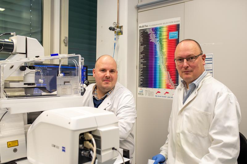 Dr. Markus Hoffmann, der Erstautor der Studie (links) und Prof. Dr. Stefan Pöhlmann, Leiter der Abteilung Infektionsbiologie am Deutschen Primatenzentrum – Leibniz-Institut für Primatenforschung. 