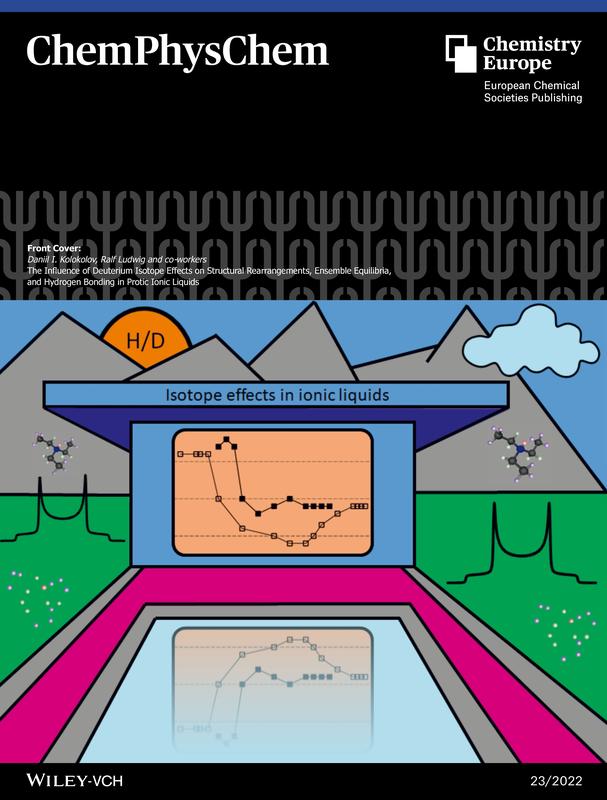 Cover der aktuellen Ausgabe der Zeitschrift ChemPhysChem: Das Titelbild illustriert die im Fachartikel beschriebenen Isotopeneffekte in ionische Flüssigkeiten 