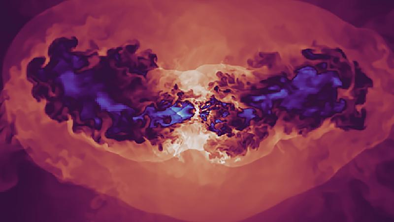 Die Illustration zeigt die Jets von einem supermassiven schwarzen Loch 
