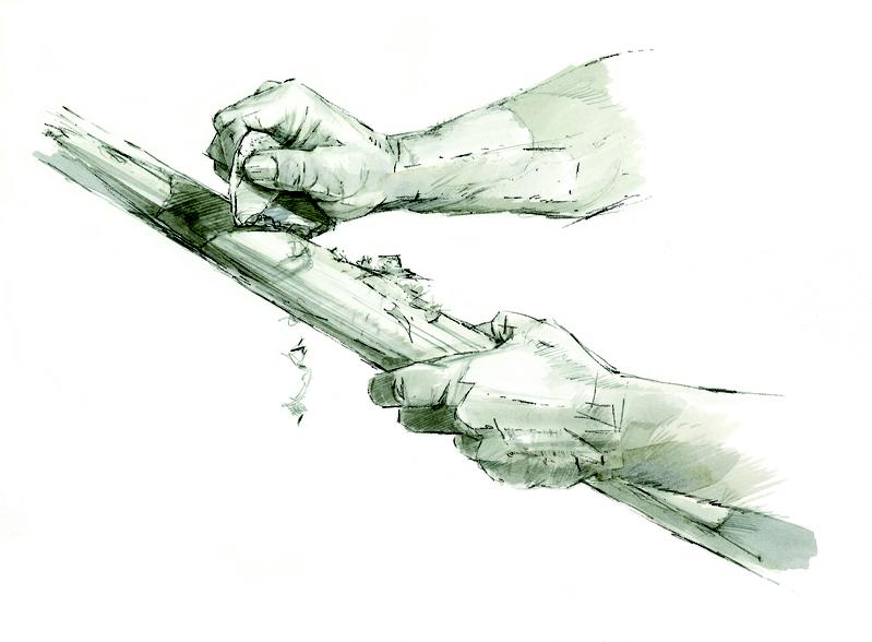 Mensch – Homo heidelbergensis – bei der Bearbeitung von Holz mithilfe eines Schneidewerkzeugs, das wahrscheinlich auch bei der Verwertung des Elefantenfleisches vor 300.000 Jahren im heutigen Schöningen verwendet worden ist.