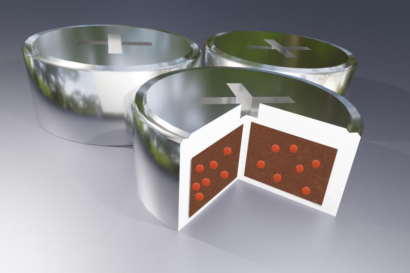 Der poröse Katalysator (rote Kugeln) beherbergt auf seiner Oberfläche dichte, katalytisch aktive Zirkoniumstellen und verbessert so die chemischen Reaktionen der Batterie, die mit der Energiespeicherung verbunden sind.