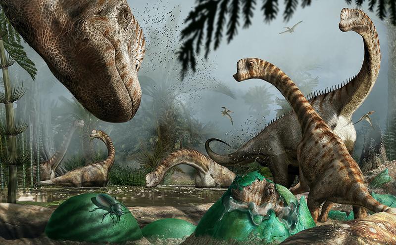Niedersachsen vor 154 Millionen Jahren: Einige erwachsene Tiere wachen über die frisch geschlüpften Europasaurus-Küken, welche das Nest verlassen, um der Herde zu folgen. 