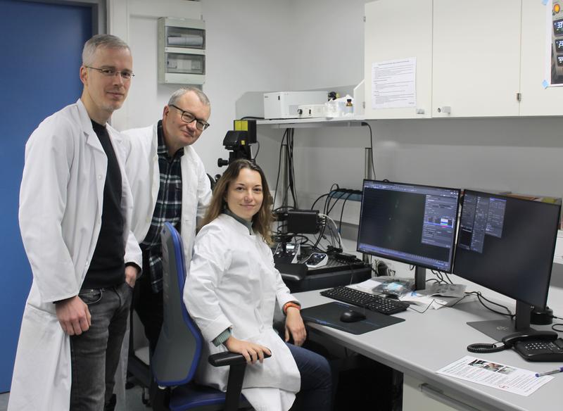 Prof. Dr. René Uebe, Prof. Dr. Dirk Schüler, and Dr. Marina Dziuba (from left) in a Bayreuth Microbiology laboratory.