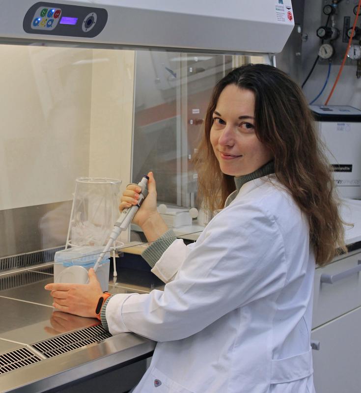 Dr. Marina Dziuba, University of Bayreuth, inoculates R. atsumiense culture on a Petri dish with solid growth medium.