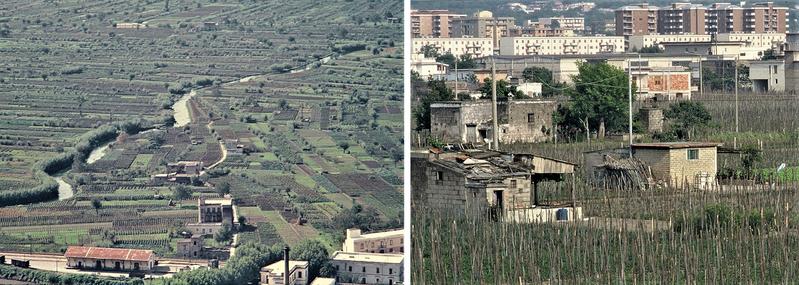 Verstädterung am Golf von Neapel: Links eine noch von Landwirtschaft geprägte Gegend östlich des Vesuv 1965. Rechts ein Foto aus derselben Gegend von 2010. 