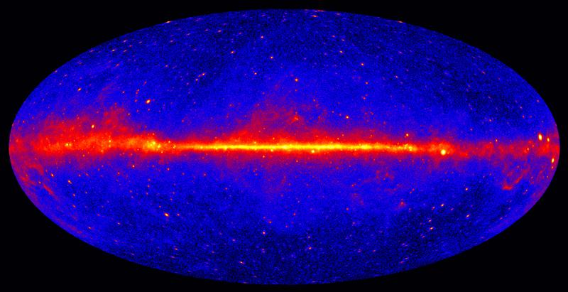 Fermi LAT image with bright, diffuse glow from the central plane of the Milky Way (map centre) and active galaxies as point-like sources. Many of the bright sources along the plane are pulsars. 