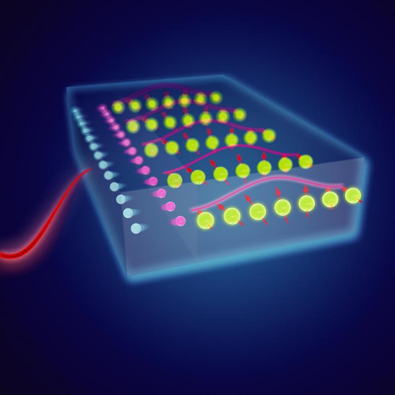 Eine Terahertz-Lichtwelle wird in einer Probe aus dünnen Metallschichten in eine Spinwelle umgewandelt. 