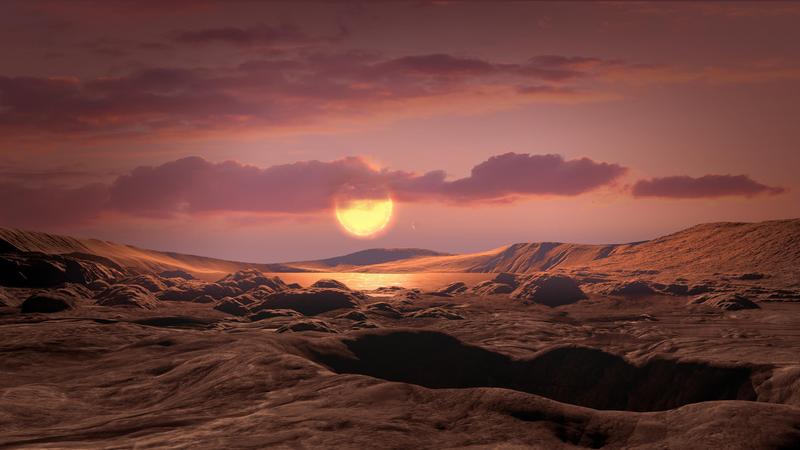 Künstlerische Darstellung eines felsigen Exoplaneten mit Erdmasse wie Wolf 1069 b, der einen roten Zwergstern umkreist.