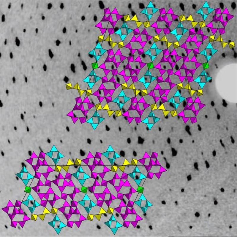 The image shows a section of the experimental data in the background, an X-ray diffraction pattern of the phosphorus oxide nitrides. In the foreground are sections of the crystal structure. 